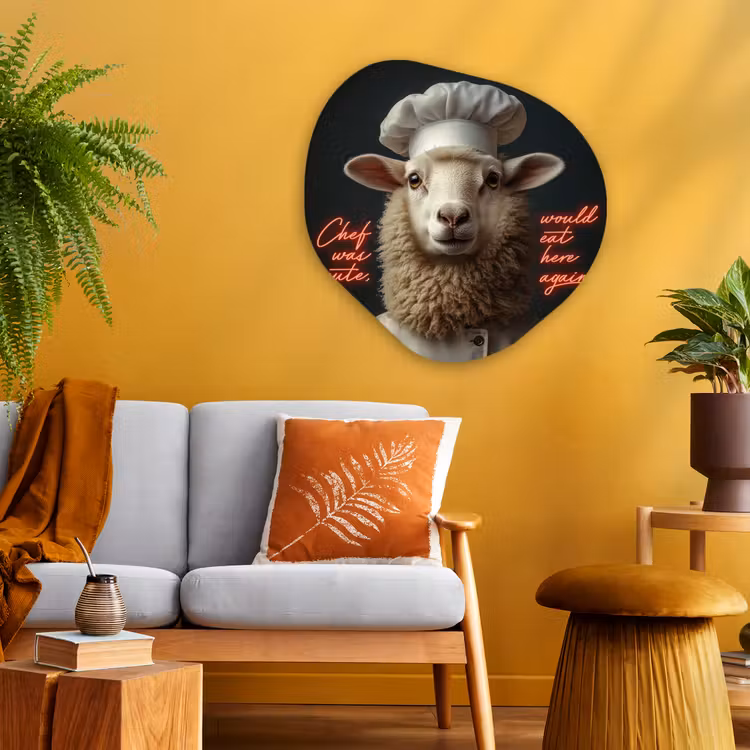 Schaap - Kokskleding - Neon - Quote Wandcirkel Organisch Plexiglas middel -sfeer4