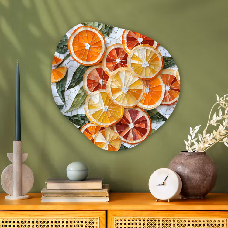 Schijfjes - Fruit - Oranje - Mozaïek Wandcirkel Organisch Plexiglas middel -sfeer2