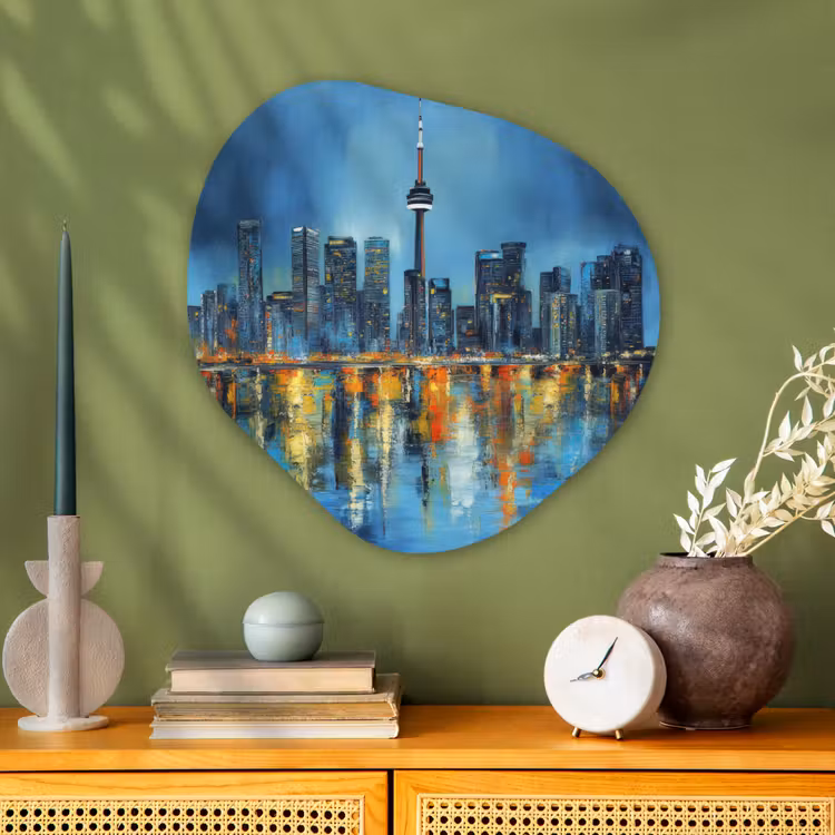 Skyline Toronto - Water - Stadslichten - Toren Wandcirkel Organisch Plexiglas middel -sfeer2