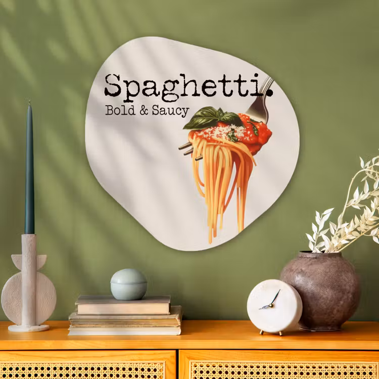 Spaghetti - tomatensaus - Parmezaanse kaas Wandcirkel Organisch Plexiglas middel -sfeer2