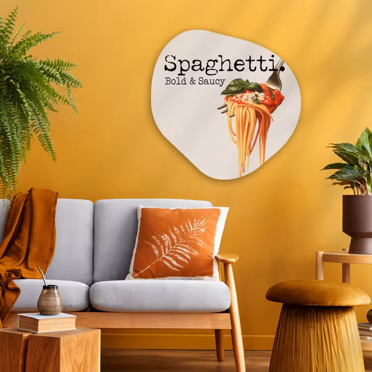 Spaghetti - tomatensaus - Parmezaanse kaas Wandcirkel Organisch Plexiglas middel -sfeer4