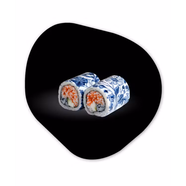 Sushi - Delfts blauw - Rijst - Vis - Elegant Wandcirkel Organisch Plexiglas middel -3d