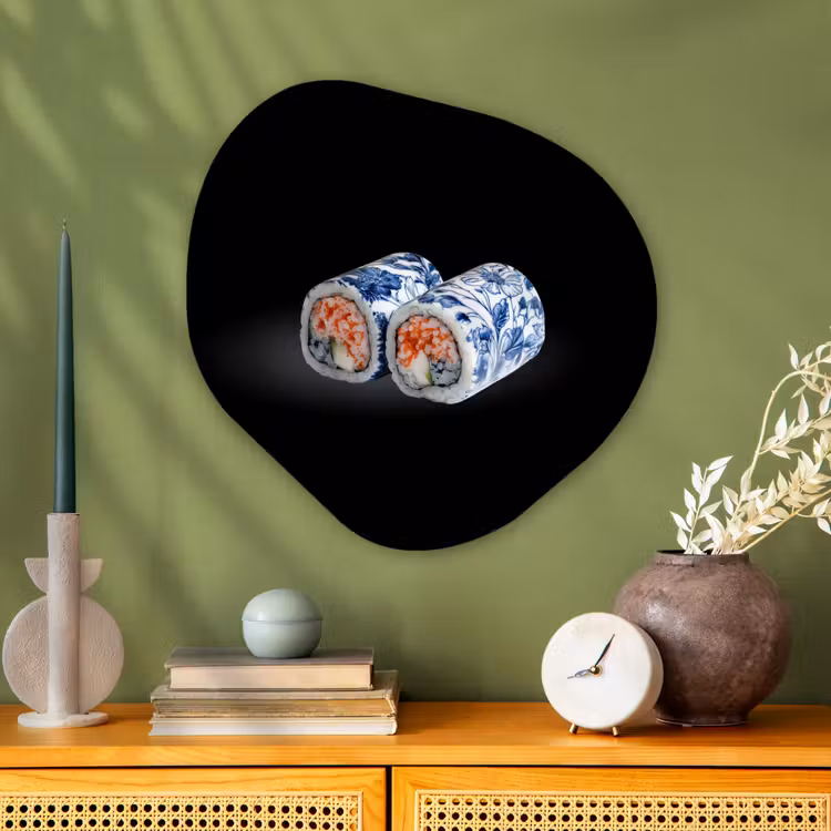 Sushi - Delfts blauw - Rijst - Vis - Elegant Wandcirkel Organisch Plexiglas middel -sfeer2