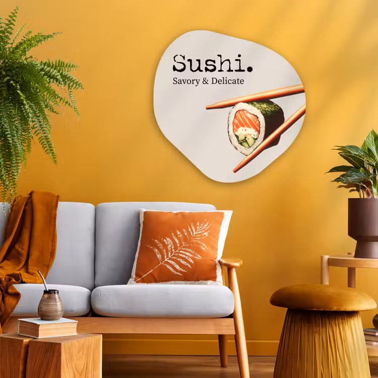Sushi - Zalm - Rijst - Japans Wandcirkel Organisch Plexiglas middel -sfeer4