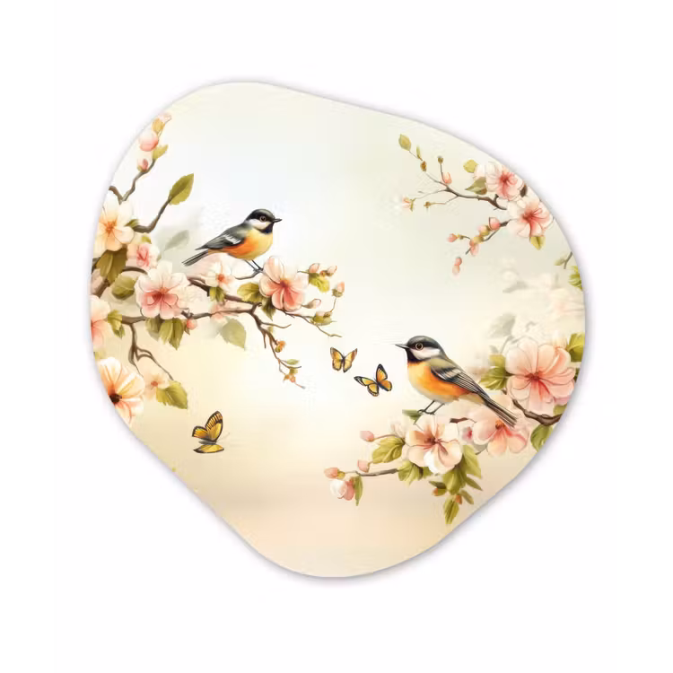 Takken - Bloemen - Vogeltjes - Roze Wandcirkel Organisch Plexiglas middel -3d
