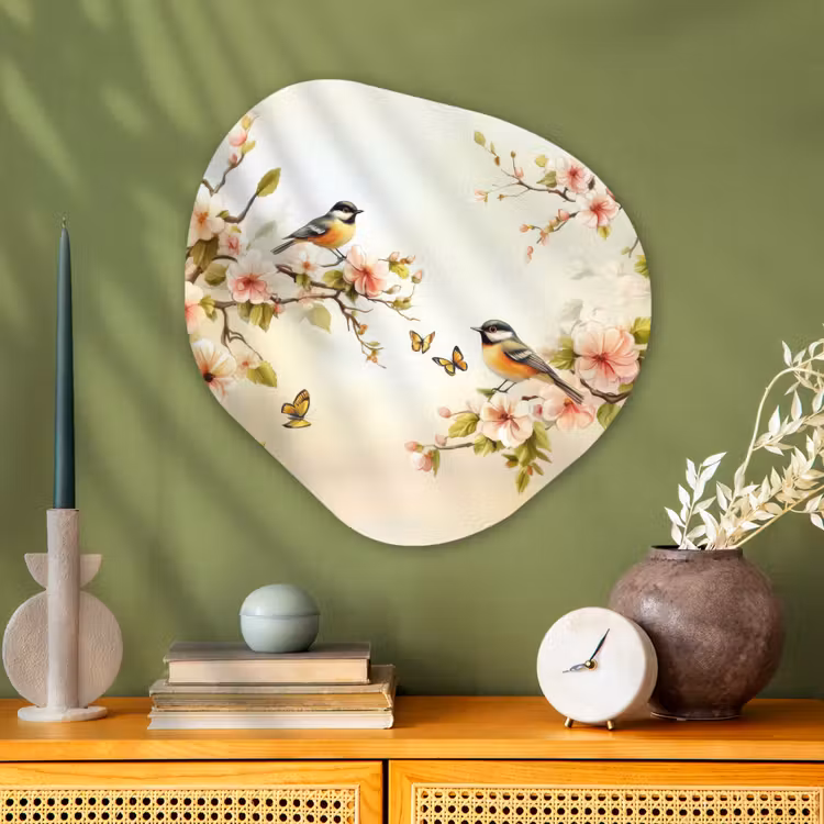 Takken - Bloemen - Vogeltjes - Roze Wandcirkel Organisch Plexiglas middel -sfeer2