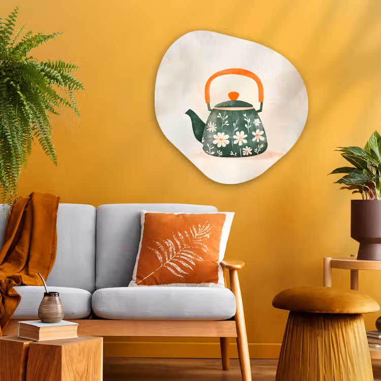 Theepot - Groen - Bloemen - Oranje Wandcirkel Organisch Plexiglas middel -sfeer4