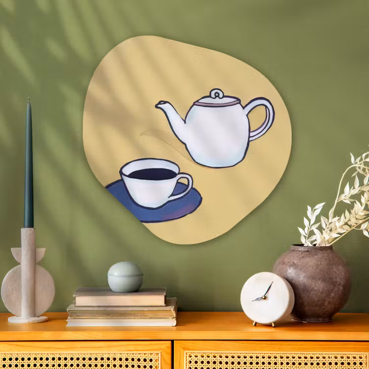 Theepot - Kopje - Beige - Illustratie Wandcirkel Organisch Plexiglas middel -sfeer2
