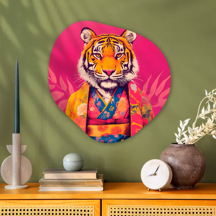 Tijger - Kimono - Planten - Roze Wandcirkel Organisch Plexiglas middel -sfeer2