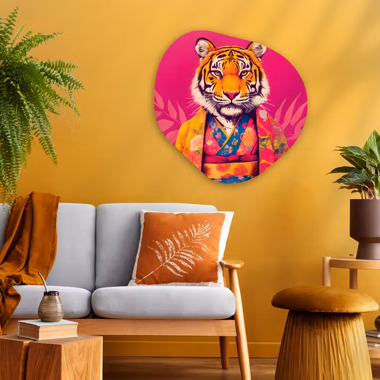 Tijger - Kimono - Planten - Roze Wandcirkel Organisch Plexiglas middel -sfeer4