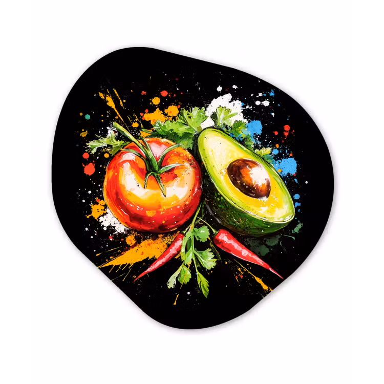 Tomaat - Avocado - Peper - Graffiti - Verf - Modern Wandcirkel Organisch Plexiglas middel -3d