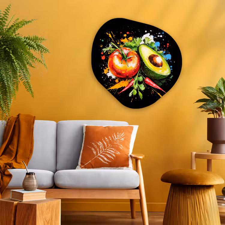 Tomaat - Avocado - Peper - Graffiti - Verf - Modern Wandcirkel Organisch Plexiglas middel -sfeer4