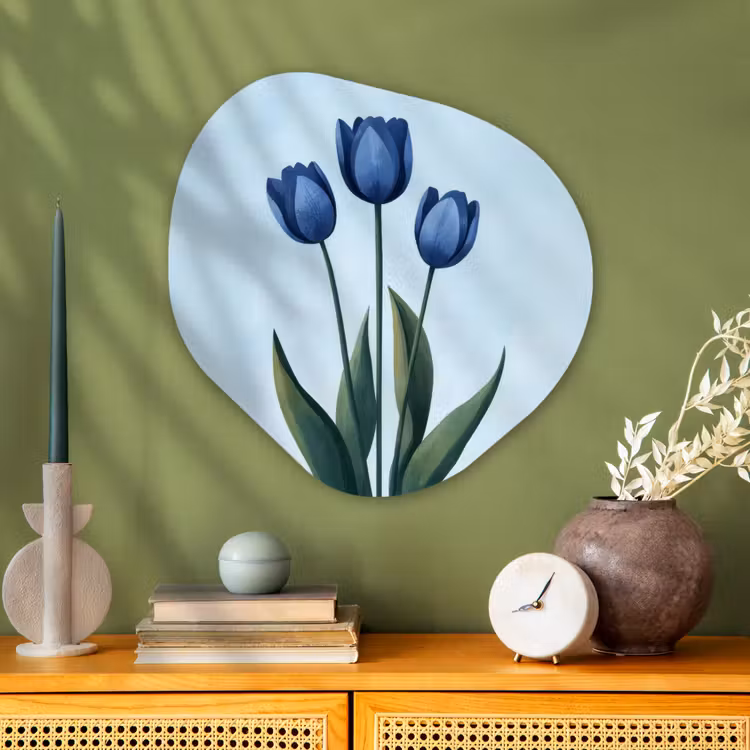Tulpen - Blauw - Bladeren Wandcirkel Organisch Plexiglas middel -sfeer2