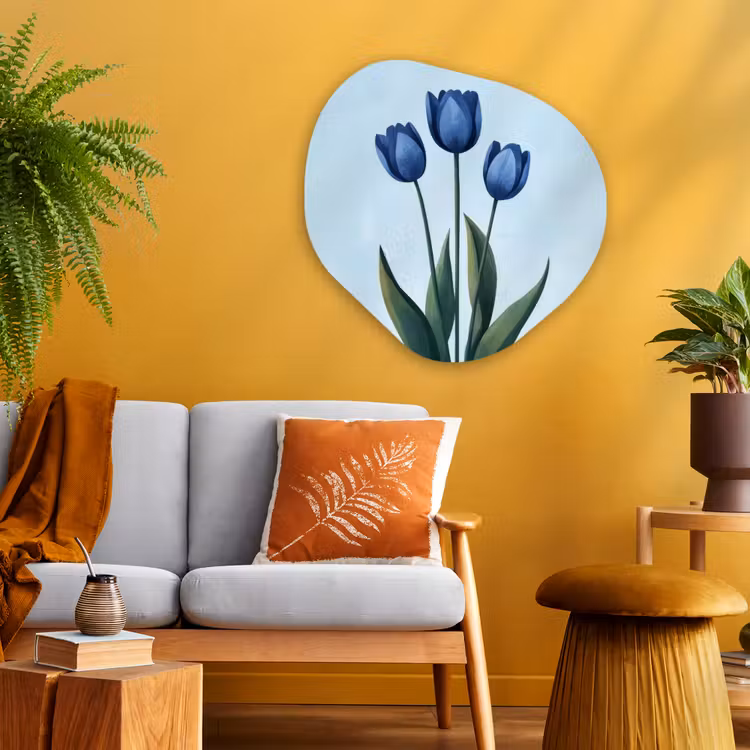 Tulpen - Blauw - Bladeren Wandcirkel Organisch Plexiglas middel -sfeer4
