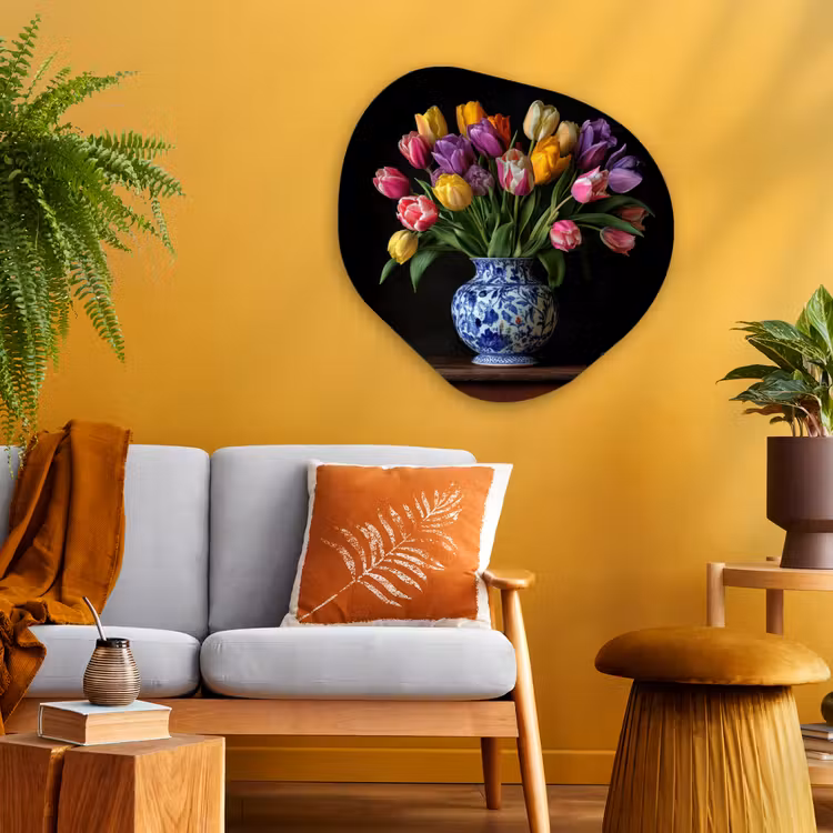 Tulpen - Kleuren - Hout - Vaas Wandcirkel Organisch Plexiglas middel -sfeer4