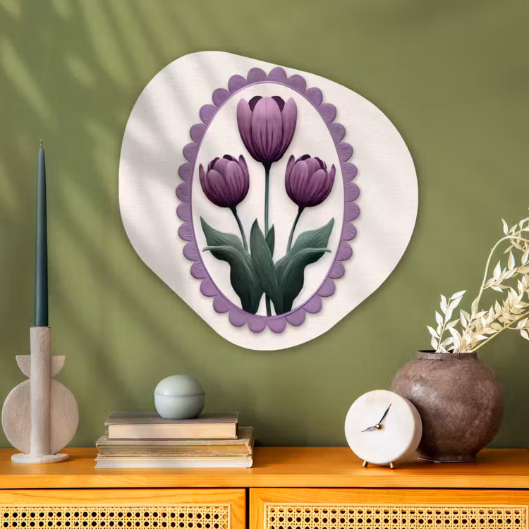 Tulpen - Paars - Lijst - Bladeren Wandcirkel Organisch Plexiglas middel -sfeer2