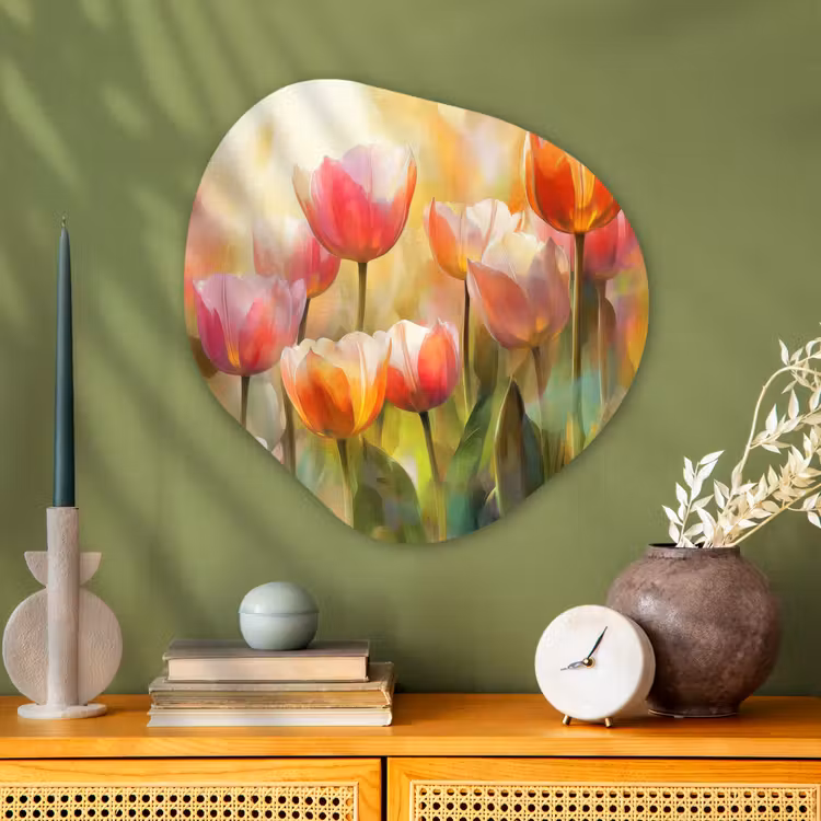 Tulpen - Sprookjesachtig - Kleurrijk Wandcirkel Organisch Plexiglas middel -sfeer2