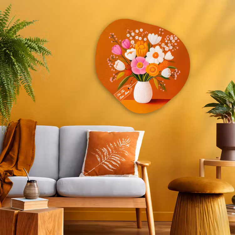 Vaas - Bloemen - Oranje Wandcirkel Organisch Plexiglas middel -sfeer4