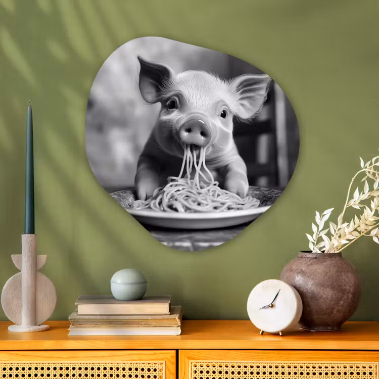 Varken - Schattig - Spaghetti - Zwart wit - Dier Wandcirkel Organisch Plexiglas middel -sfeer2