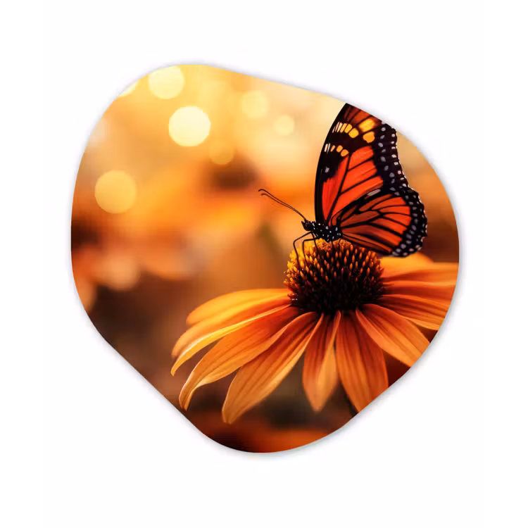 Vlinder - Bloemen - Oranje Wandcirkel Organisch Plexiglas middel -3d
