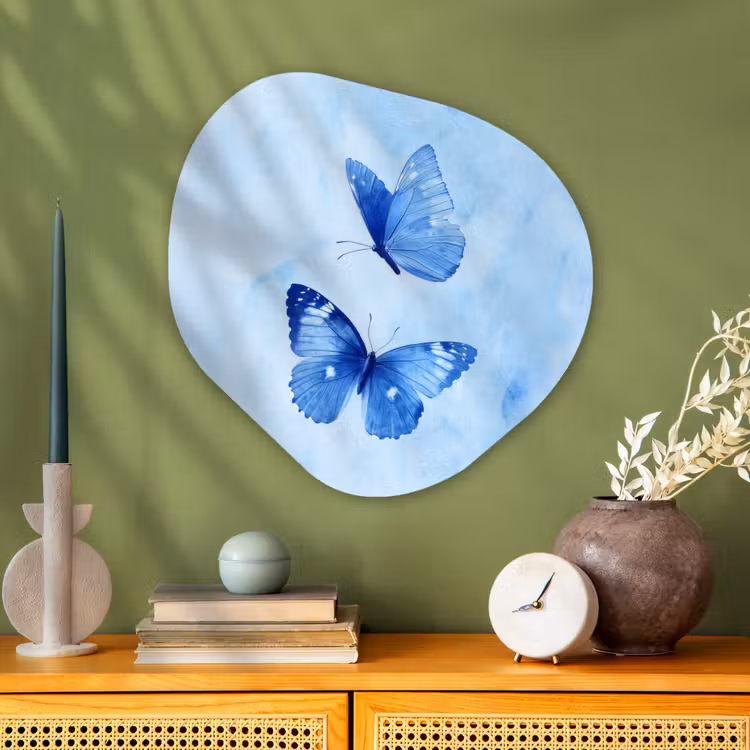 Vlinders - Sierlijk - Blauw Wandcirkel Organisch Plexiglas middel -sfeer2