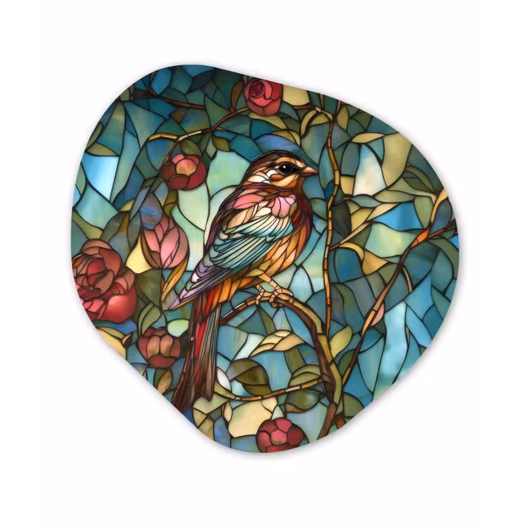 Vogel - Tak - Rozen - Mozaïek Wandcirkel Organisch Plexiglas middel -3d
