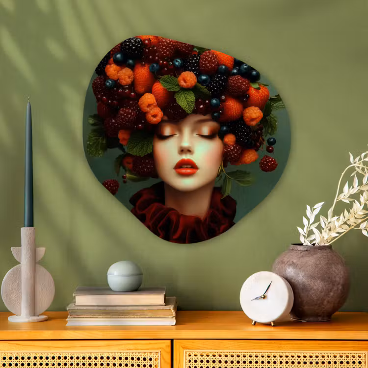 Vrouw - Aardbeien - Frambozen - Bramen - Bessen Wandcirkel Organisch Plexiglas middel -sfeer2