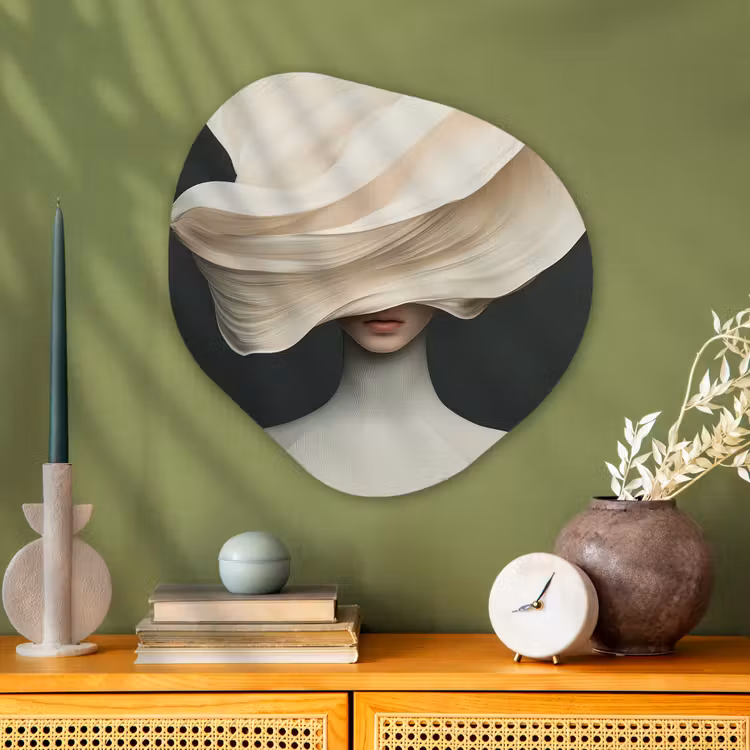 Vrouw - Beige - hoed Wandcirkel Organisch Plexiglas middel -sfeer2