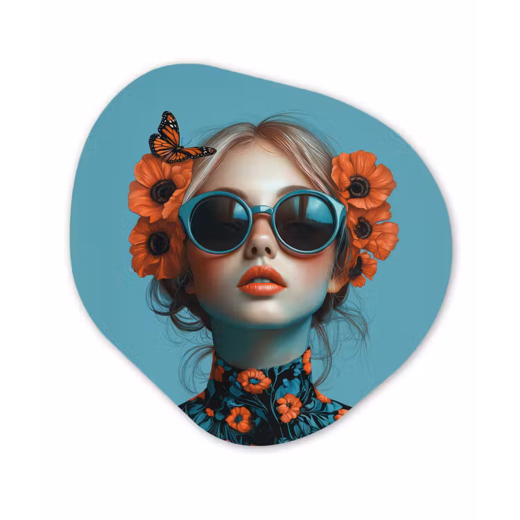 Vrouw - Blauw - Vlinder - Bloemen - Aesthetic Wandcirkel Organisch Plexiglas middel -3d
