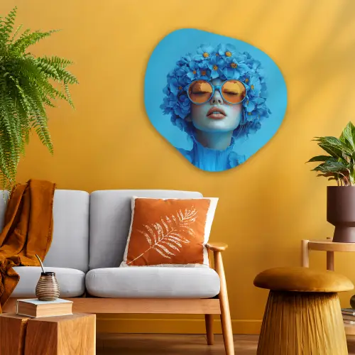 Vrouw - Bloem - Blauw - Modern - Bril - Portret Wandcirkel Organisch Plexiglas middel -sfeer4