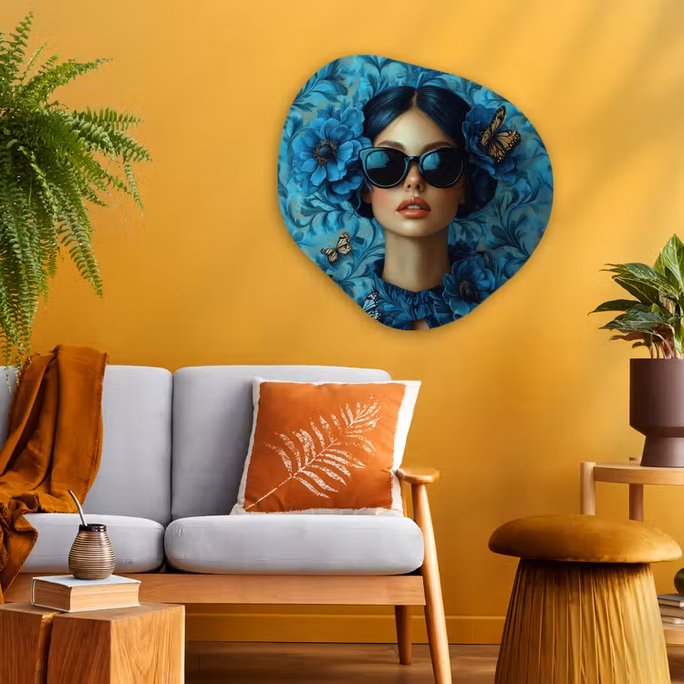 Vrouw - Bloemen - Vlinders - Blauw - Abstract Wandcirkel Organisch Plexiglas middel -sfeer4