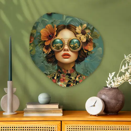 Vrouw - Bloemen - Vlinders - Natuur - Vintage Wandcirkel Organisch Plexiglas middel -sfeer2
