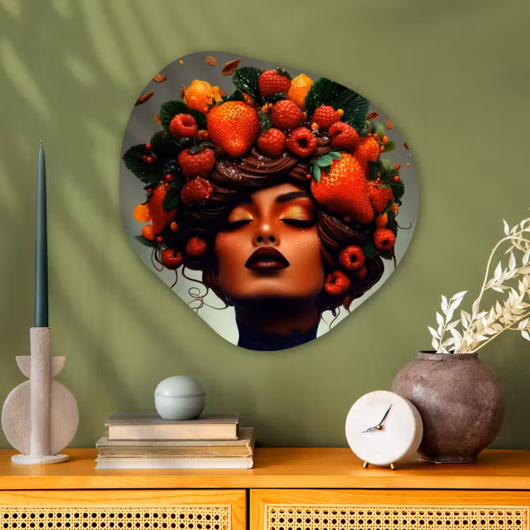 Vrouw - Chocolade - Frambozen - Aardbeien - Koekjes Wandcirkel Organisch Plexiglas middel -sfeer2