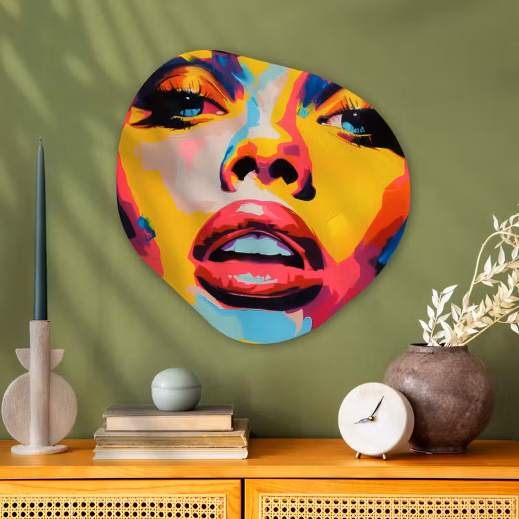Vrouw - Gezicht - Kleurrijk Wandcirkel Organisch Plexiglas middel -sfeer2