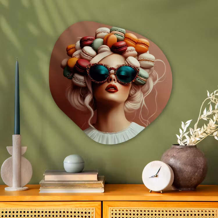 Vrouw - Macarons - Bril Wandcirkel Organisch Plexiglas middel -sfeer2