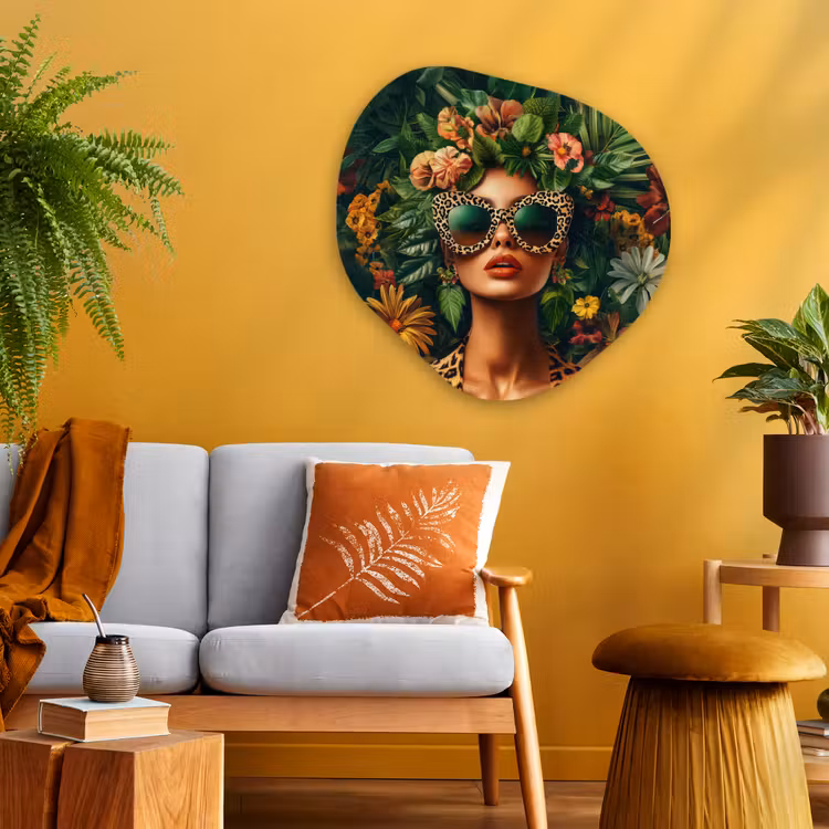 Vrouw - Panterprint - Jungle - Natuur - Luxe Wandcirkel Organisch Plexiglas middel -sfeer4