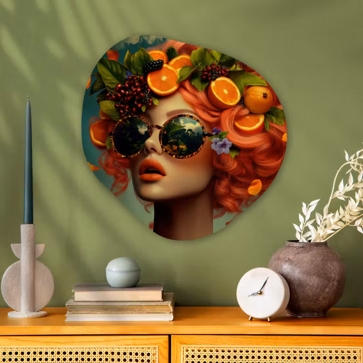 Vrouw - Sinaasappel - Bessen - Oranje Wandcirkel Organisch Plexiglas middel -sfeer2