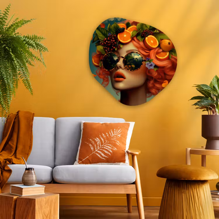 Vrouw - Sinaasappel - Bessen - Oranje Wandcirkel Organisch Plexiglas middel -sfeer4