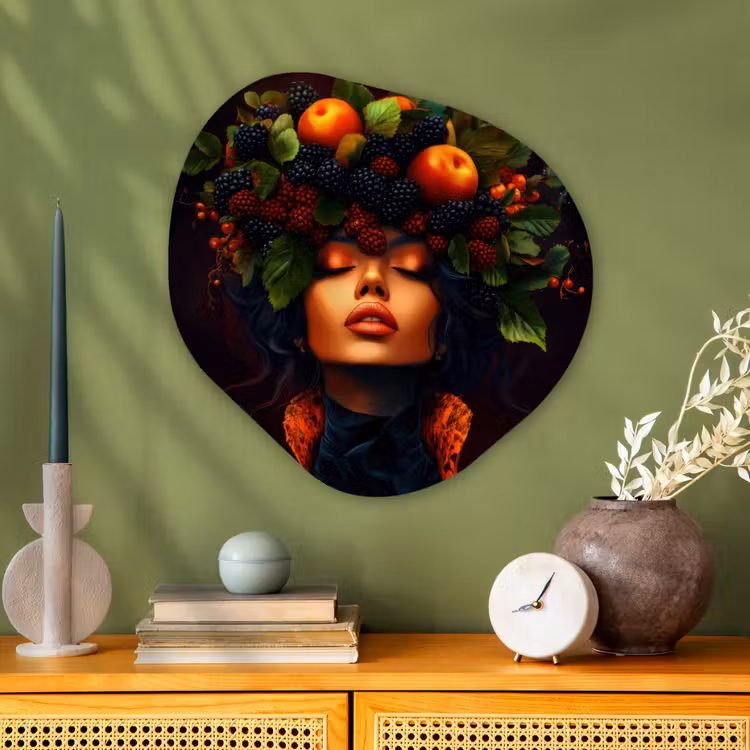 Vrouw - Zwart - Bessen - Bramen - Appels Wandcirkel Organisch Plexiglas middel -sfeer2
