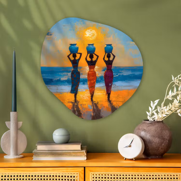 Vrouwen - Strand - Zondsondergang Wandcirkel Organisch Plexiglas middel -sfeer2