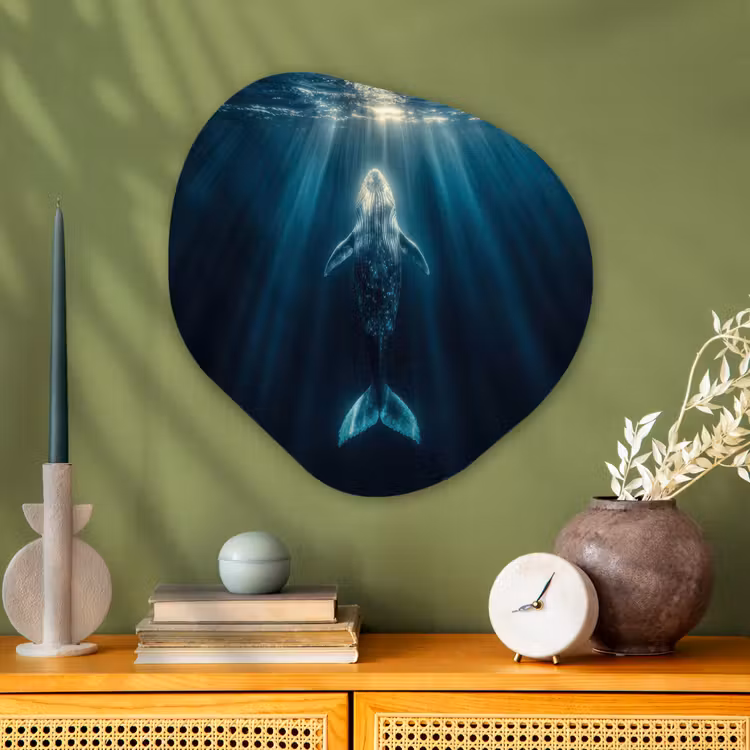 Walvis - Water - Zonnestralen - Blauw Wandcirkel Organisch Plexiglas middel -sfeer2