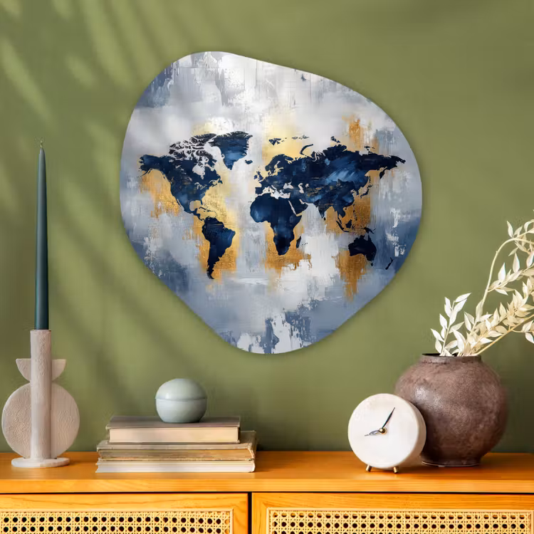 Wereldkaart - Blauw - Abstract Wandcirkel Organisch Plexiglas middel -sfeer2