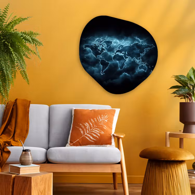 Wereldkaart - Bliksem - Blauw Wandcirkel Organisch Plexiglas middel -sfeer4