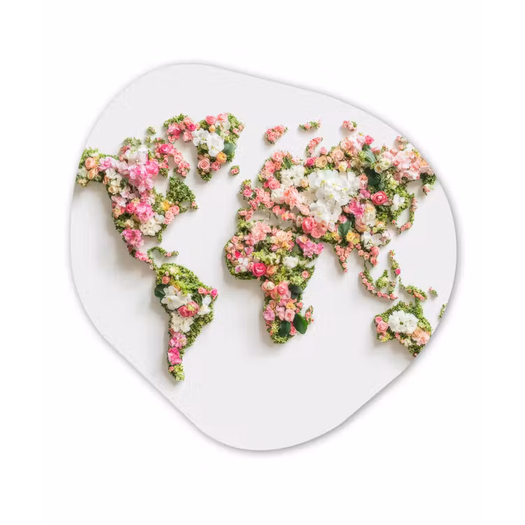 Wereldkaart - Bloemen - Subtiel Wandcirkel Organisch Plexiglas middel -3d