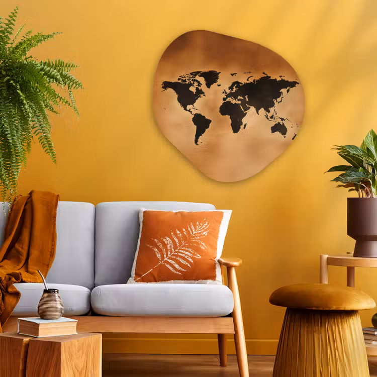 Wereldkaart - Bruin - Kaart Wandcirkel Organisch Plexiglas middel -sfeer4