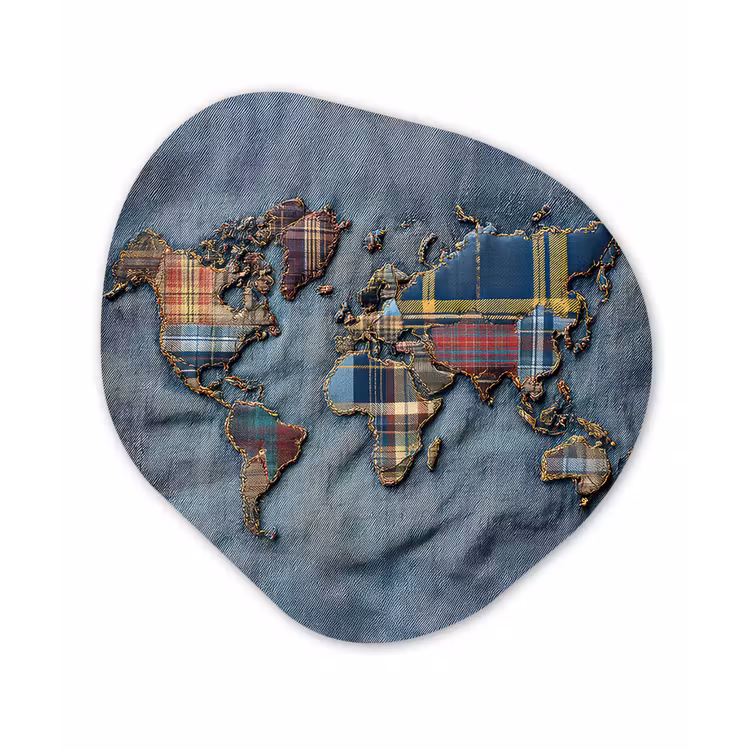 Wereldkaart - Denim - Textiel Wandcirkel Organisch Plexiglas middel -3d