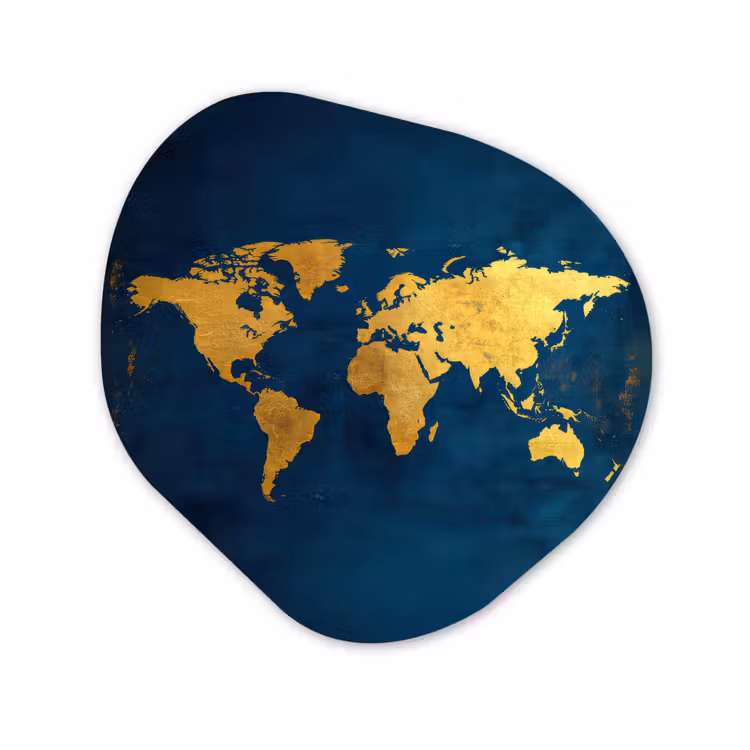 Wereldkaart - Goud - Donkerblauw Wandcirkel Organisch Plexiglas middel -3d