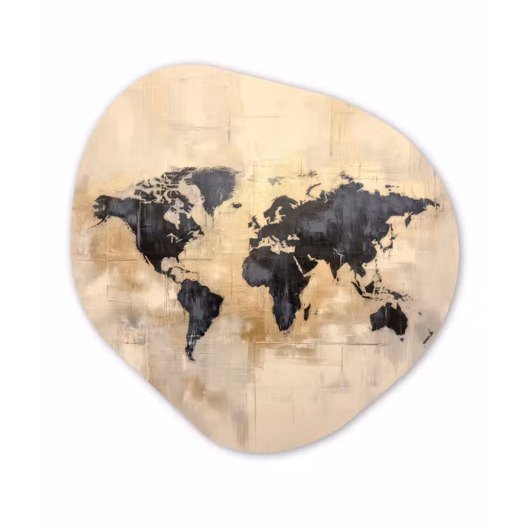 Wereldkaart - Goud - Zwart - Abstract Wandcirkel Organisch Plexiglas middel -3d