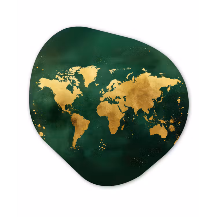 Wereldkaart - Groen - Goud Wandcirkel Organisch Plexiglas middel -3d