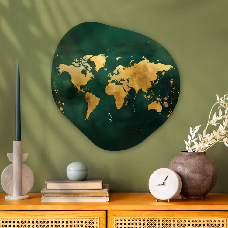 Wereldkaart - Groen - Goud Wandcirkel Organisch Plexiglas middel -sfeer2